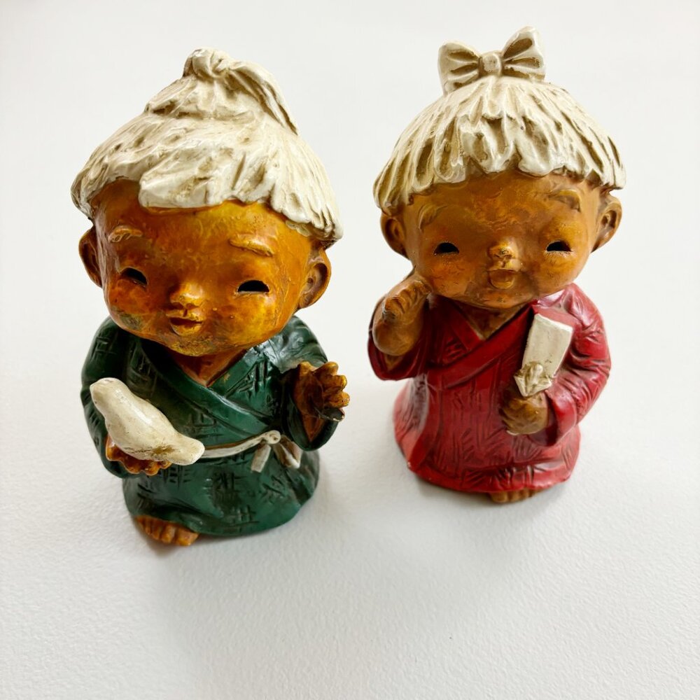 VINTAGE Japanese Folk Art Children Figures Set Of 2 Ceramic Asian Art Boy Girl